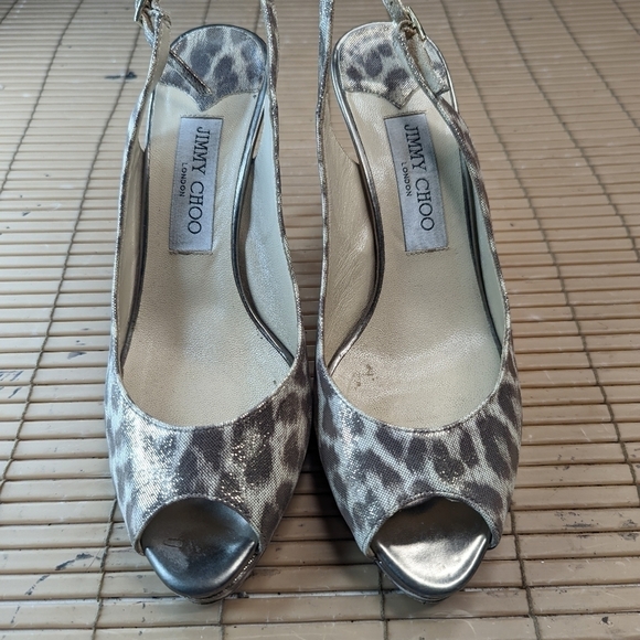 Jimmy Choo metallic mirror stiletto 4" heels, Open Toe Pumps Slingback Leopard W - Picture 6 of 11